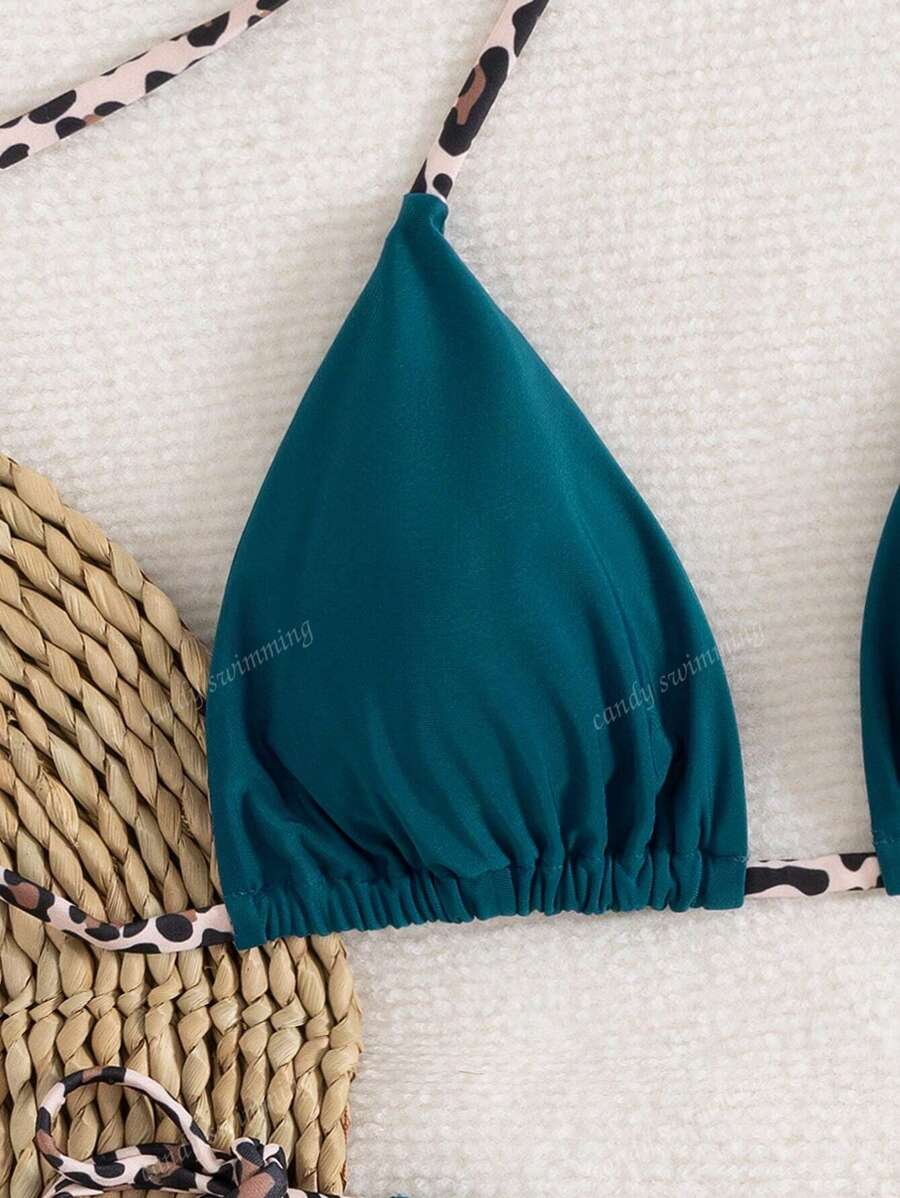 Leopar Desenli Boyundan Bağlamalı Bikini Takımı
