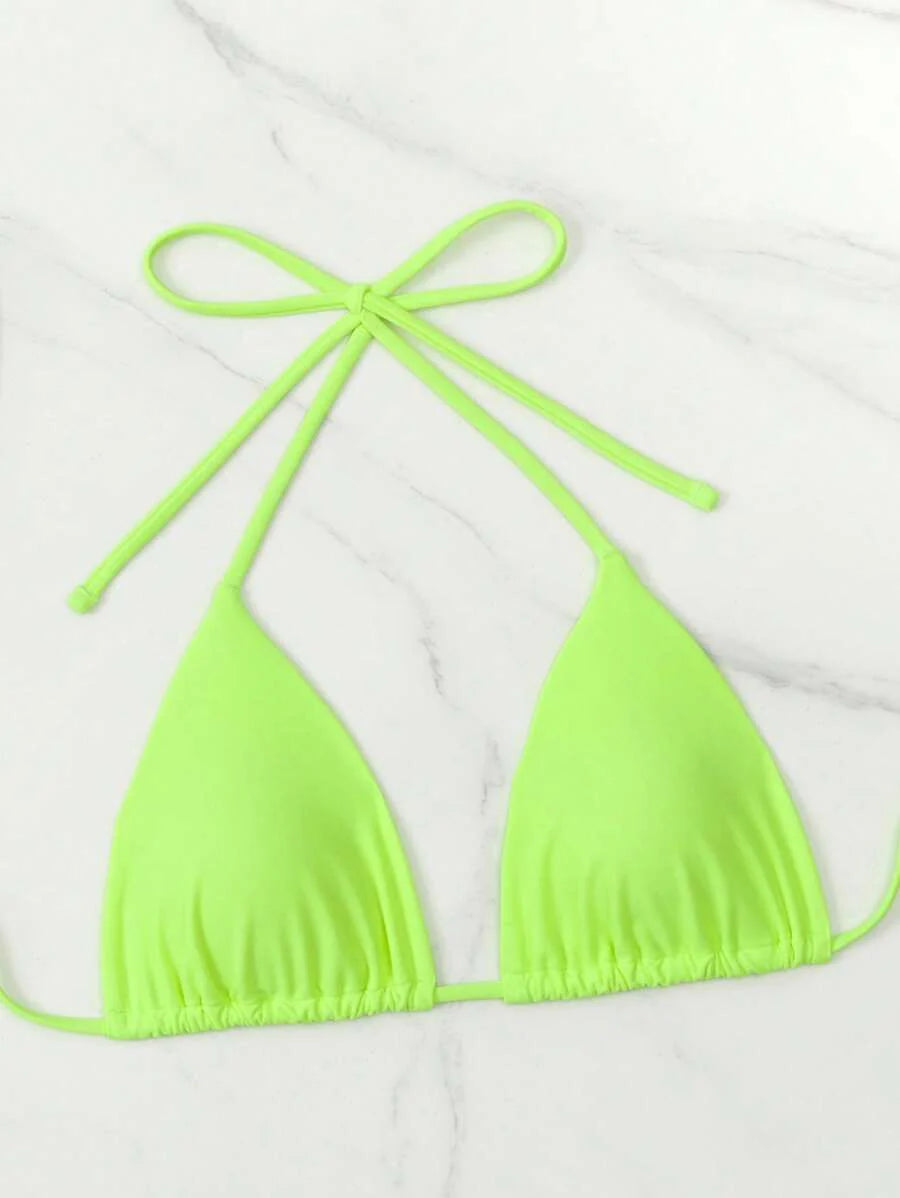 3 Parça Halter Üst + Üçgen Alt + Bağcıklı Şort Bikini Takımı