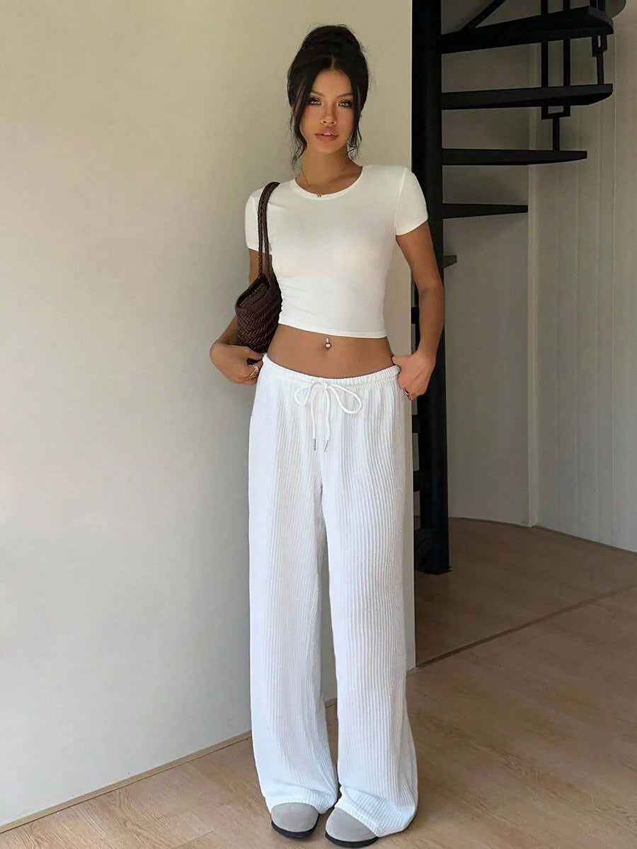 Düz Renk Bağcıklı Bel Düz Paça Jogger Pantolon