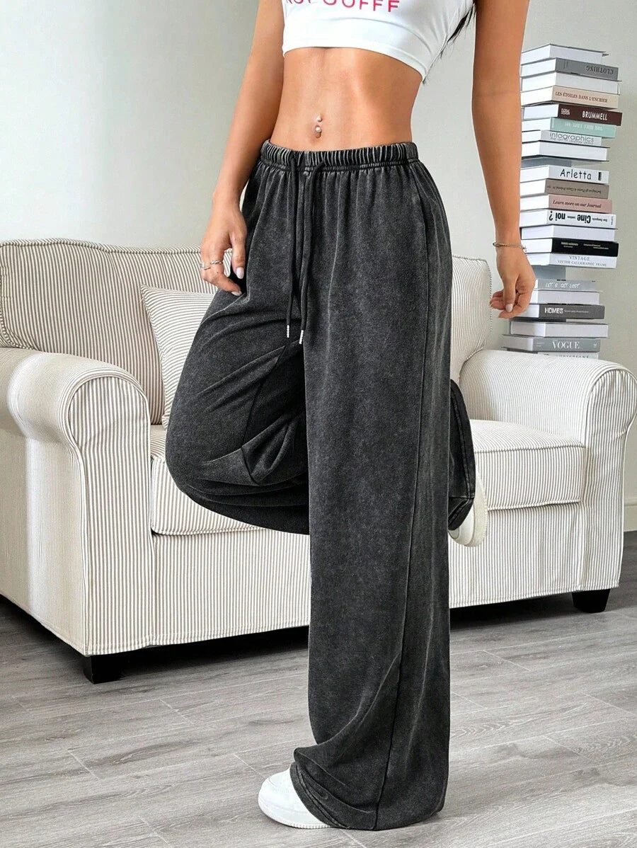 Düz Renk Bağcıklı Bel Düz Paça Jogger Pantolon