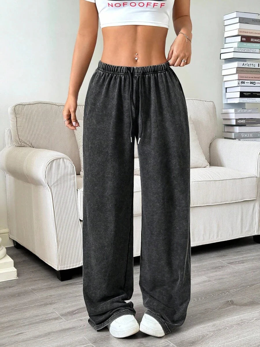 Düz Renk Bağcıklı Bel Düz Paça Jogger Pantolon