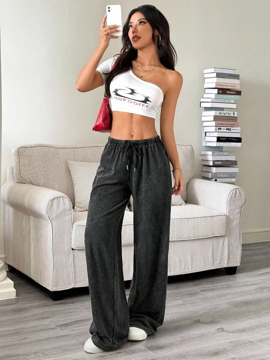Düz Renk Bağcıklı Bel Düz Paça Jogger Pantolon