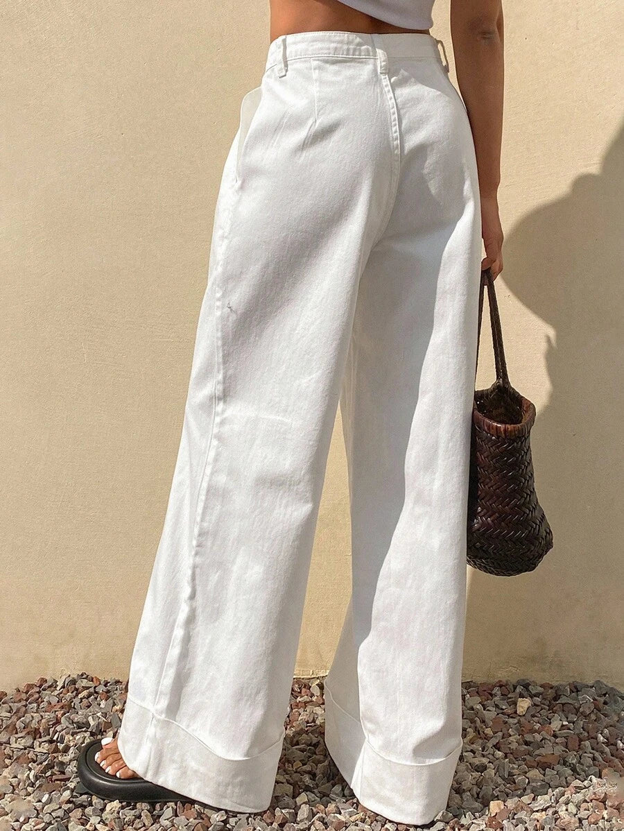 Katlanabilir Bel Geniş Paça Kot Pantolon