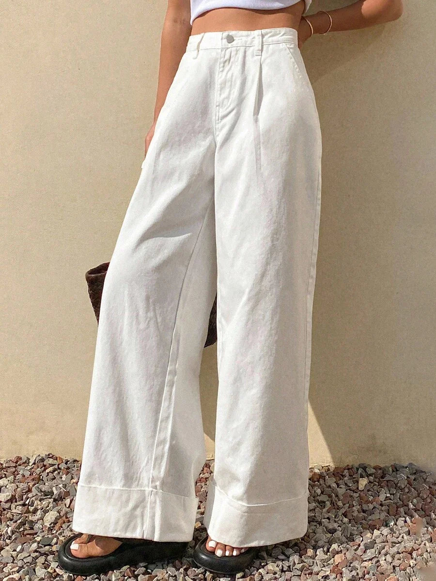 Katlanabilir Bel Geniş Paça Kot Pantolon