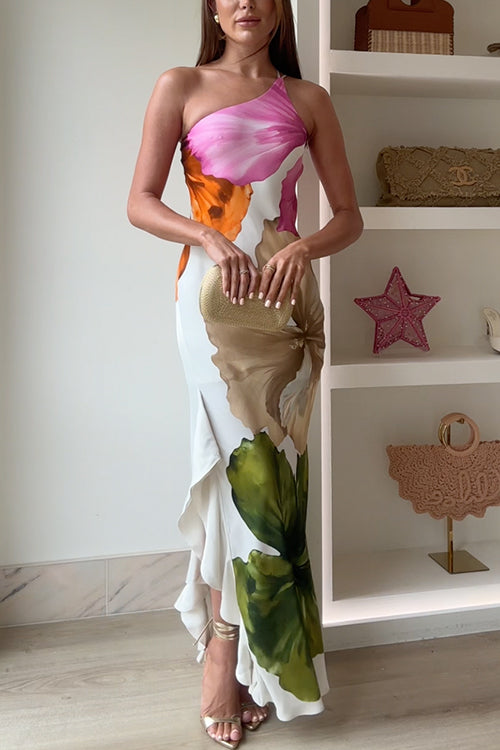 Ivy Tek Omuzlu Yandan Drapeli Fırfırlı Yırtmaçlı Çiçek Desenli Uzun Elbise