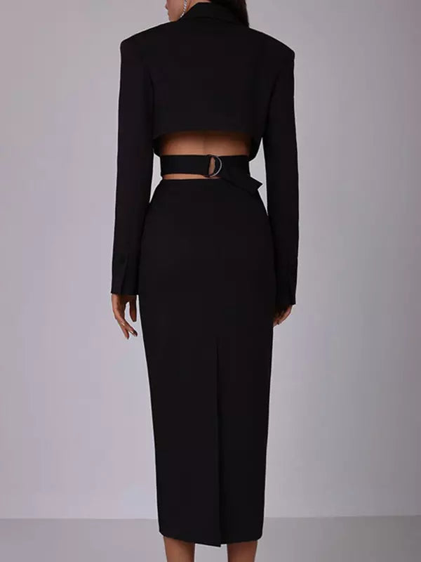 Açıklama Derin V Yaka Metal Detaylı Blazer Midi Elbise