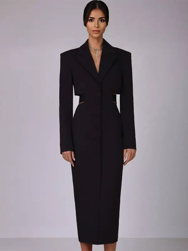 Açıklama Derin V Yaka Metal Detaylı Blazer Midi Elbise