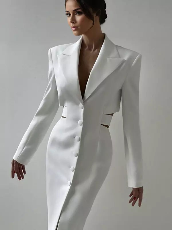 Açıklama Derin V Yaka Metal Detaylı Blazer Midi Elbise