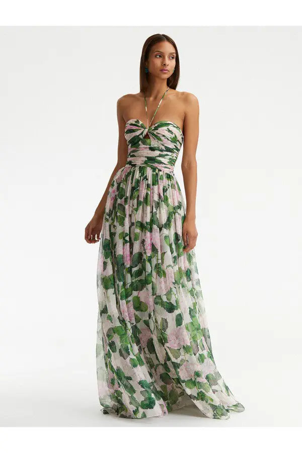 Madelaine Halter Yaka Çiçekli Uzun Elbise
