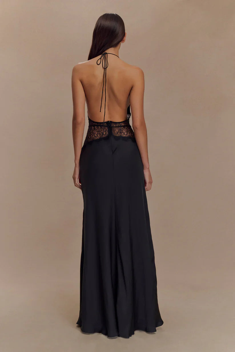 Halter Patchwork Sırt Dekolteli Seksi Uzun Elbise