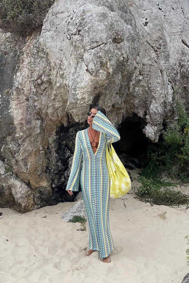 Boho V Yaka Çan Kollu Dalgalı Çizgili Tığ İşi Plaj Tatil Uzun Elbise