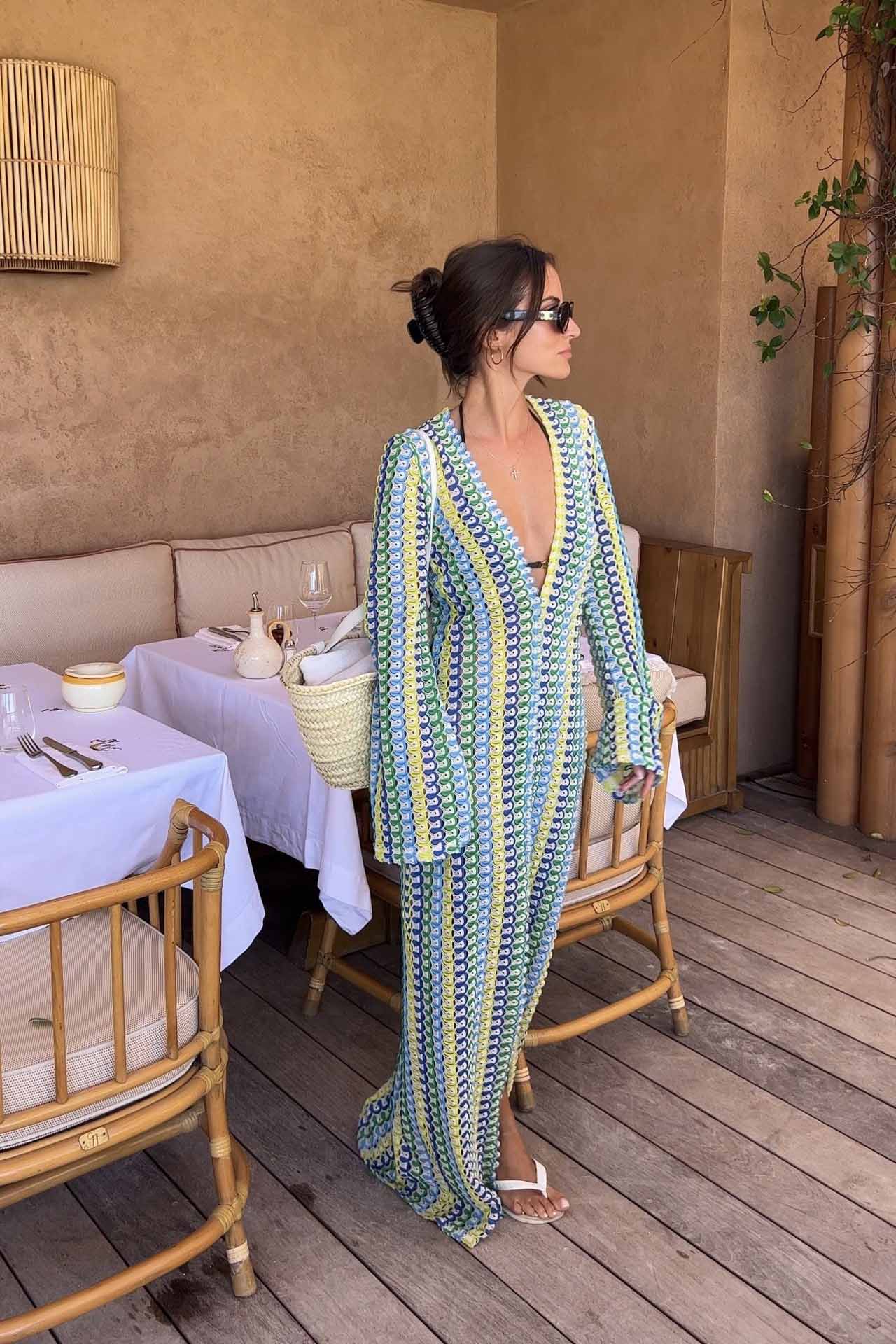 Boho V Yaka Çan Kollu Dalgalı Çizgili Tığ İşi Plaj Tatil Uzun Elbise