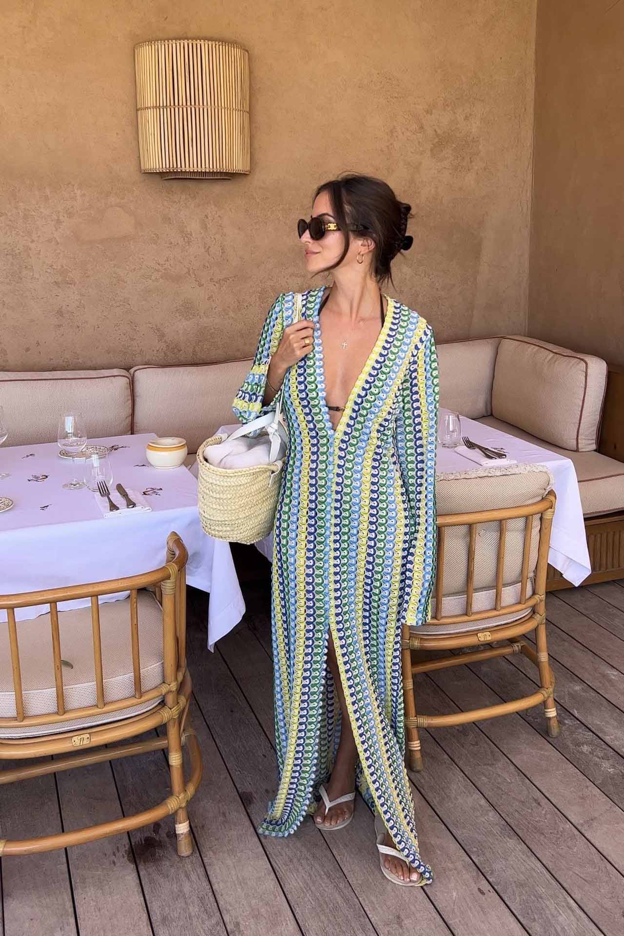 Boho V Yaka Çan Kollu Dalgalı Çizgili Tığ İşi Plaj Tatil Uzun Elbise