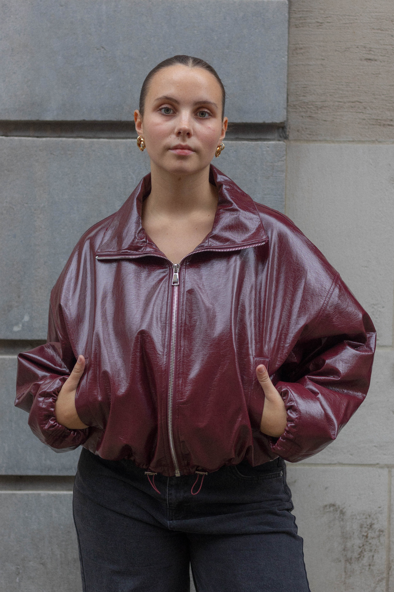 Bordo Parlak Oversize Bomber Ceket