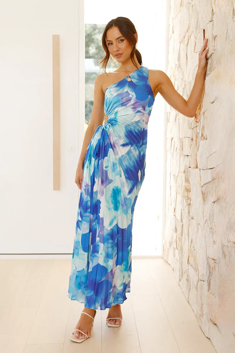 Laken Uzun Elbise Mavi Çiçek Desenli