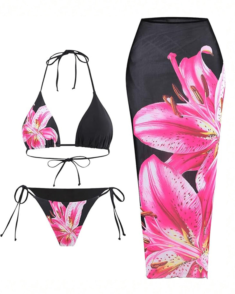 Çiçek Desenli Halter Kravat Sırtlı Bikini-Pareo