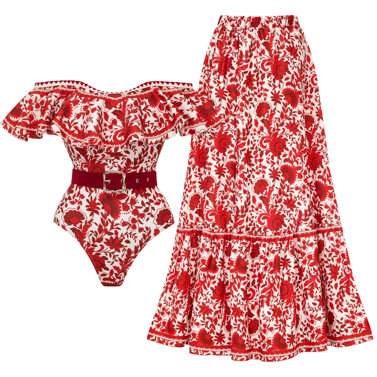 Bandeau Fırfırlı Kırmızı Çiçek Silueti Mayo-Pareo