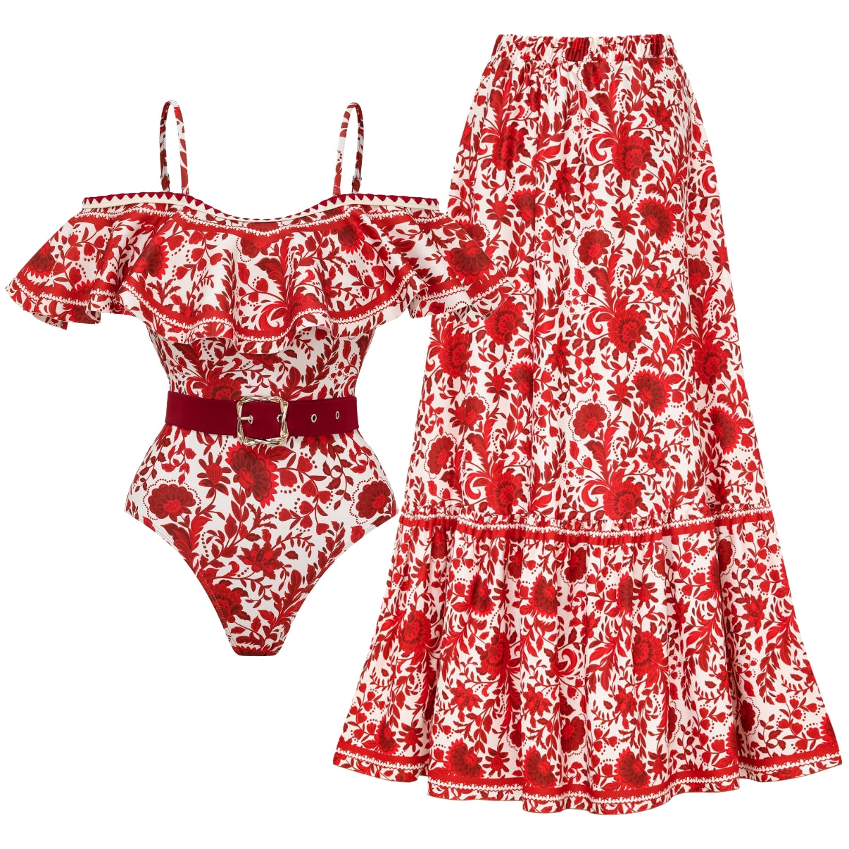 Bandeau Fırfırlı Kırmızı Çiçek Silueti Mayo-Pareo