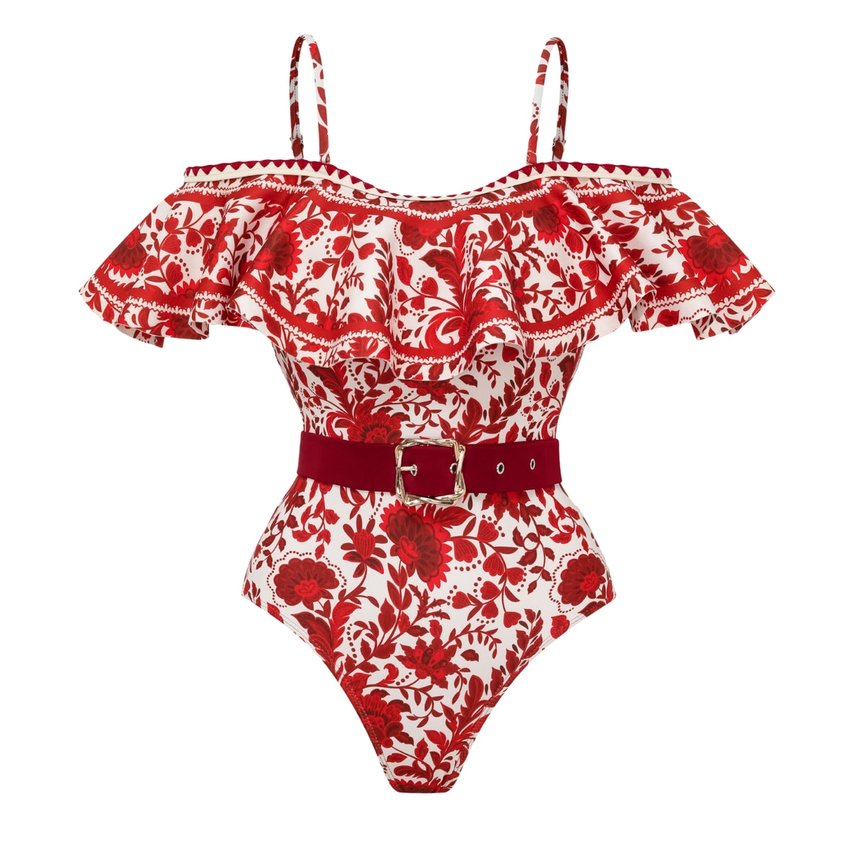 Bandeau Fırfırlı Kırmızı Çiçek Silueti Mayo-Pareo