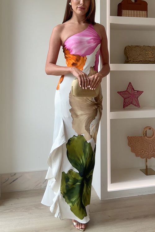 Ivy Tek Omuzlu Yandan Drapeli Fırfırlı Yırtmaçlı Çiçek Desenli Uzun Elbise