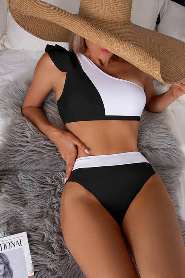 Şık Sade Tek Omuz Blok Renk Bikini Mayo