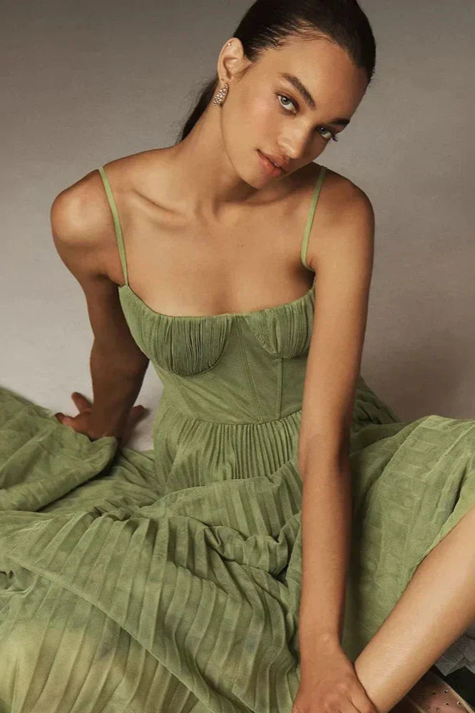 Büstiyer Pileli Tül Fit & Flare Midi Elbise