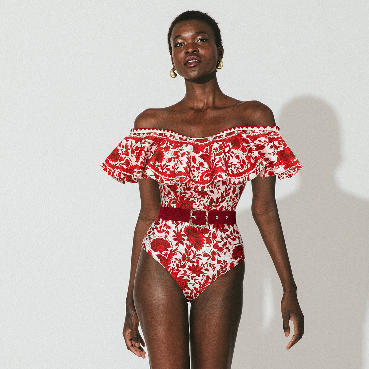 Bandeau Fırfırlı Kırmızı Çiçek Silueti Mayo-Pareo