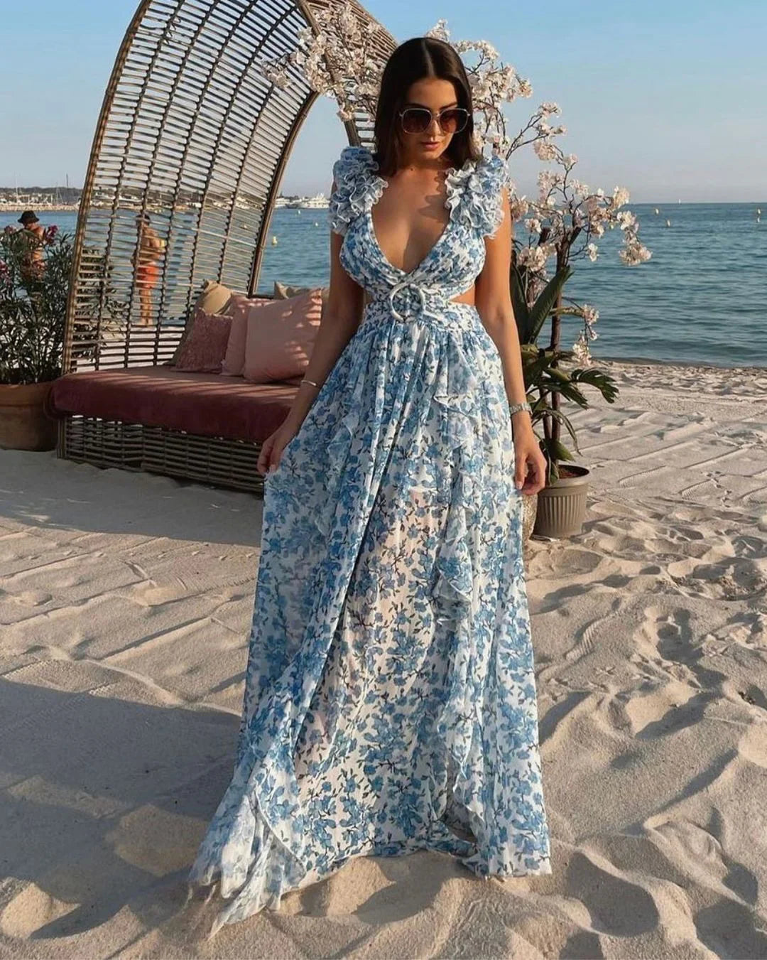 Suzanne Çiçek Baskılı Kesikli Uzun Elbise