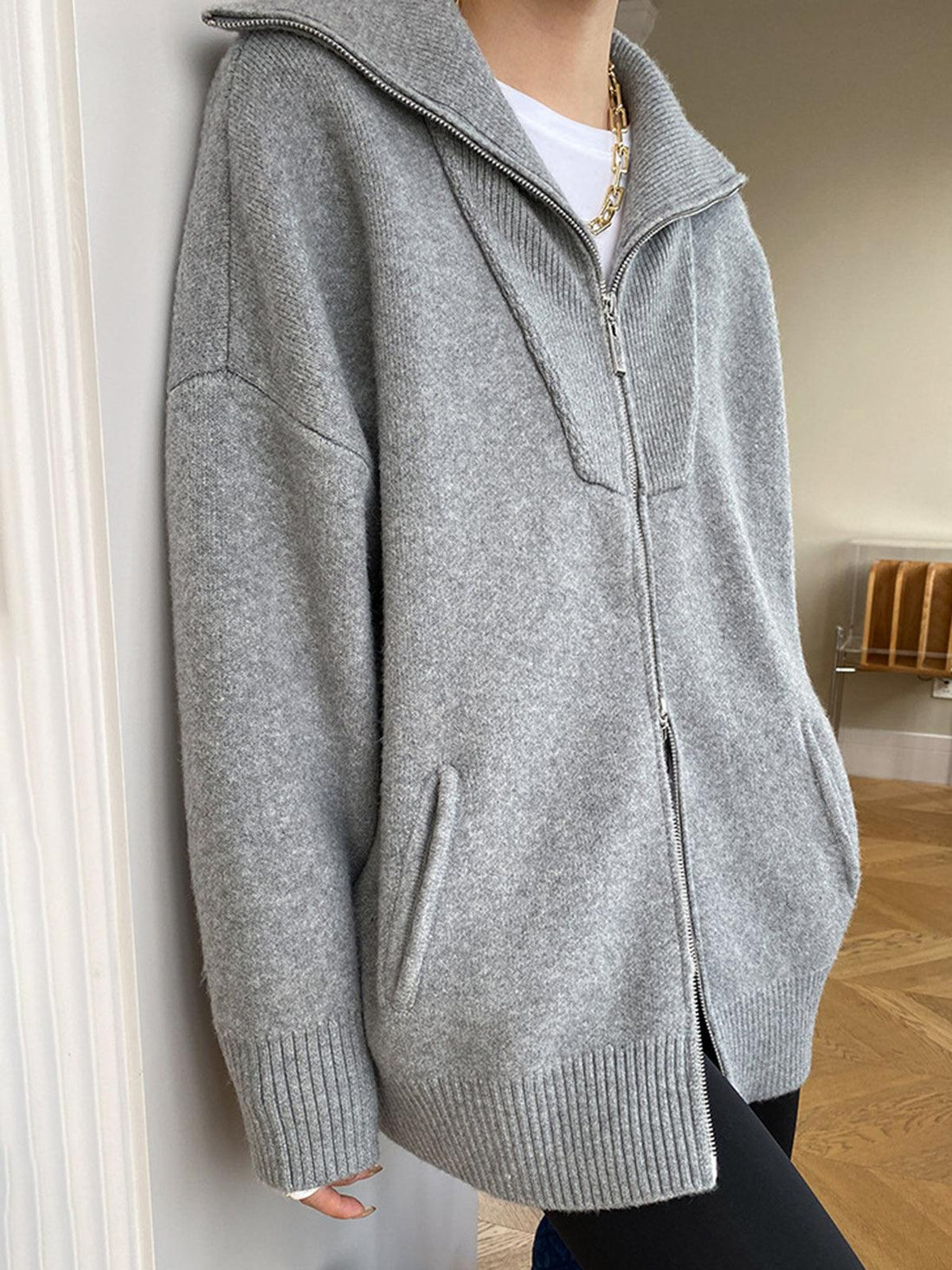 Fermuarlı Oversize Triko Hırka