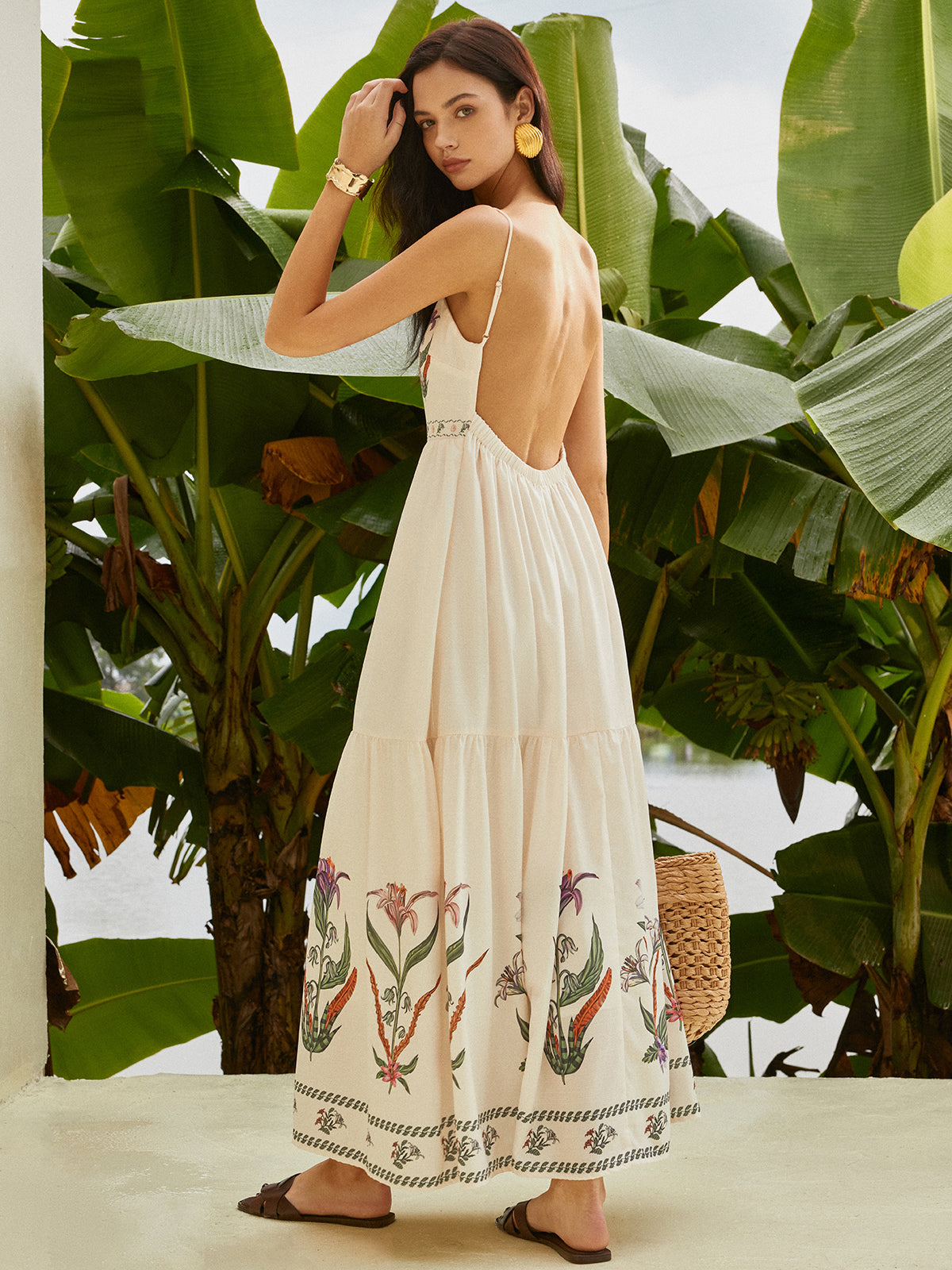 chinese dress ladies White & Blue Floral Halter Maxi Dress - All Dresses