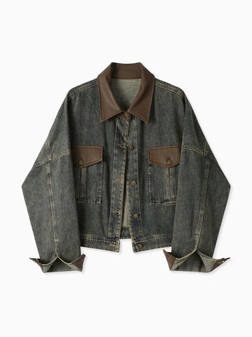 Vintage Kontrast Süslü Yaka Denim Ceket