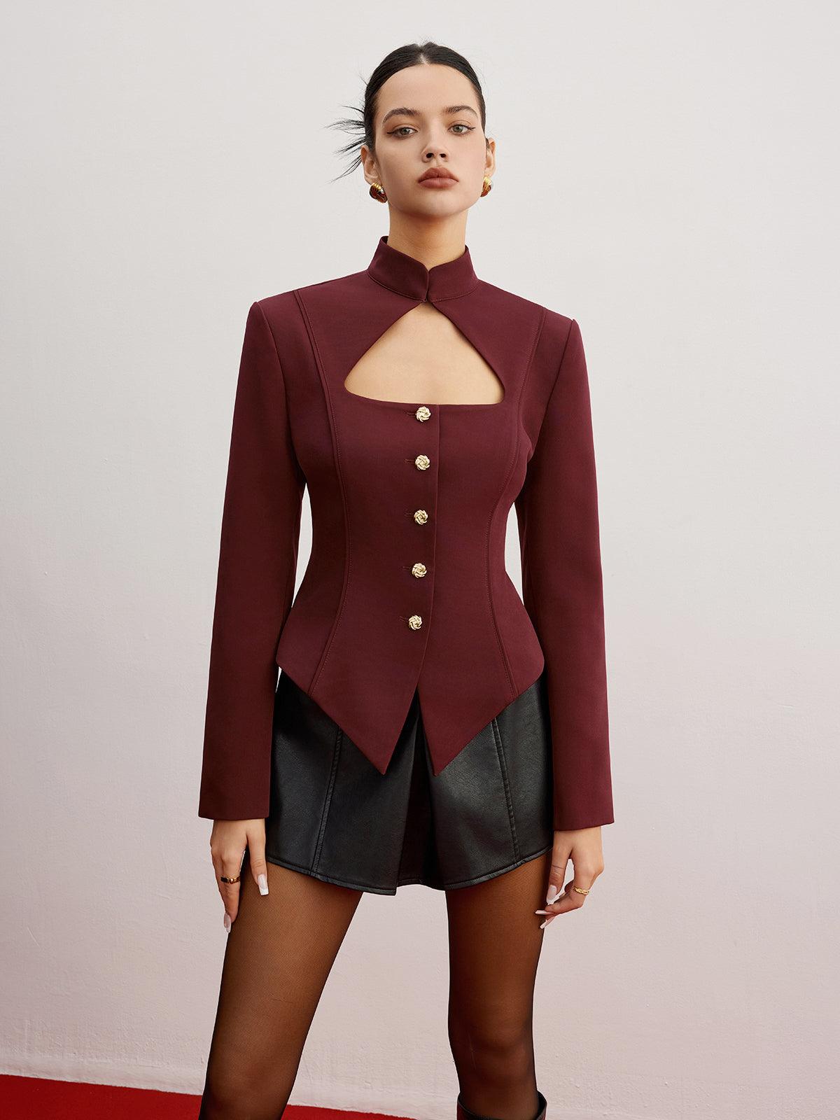 Bordo Dekolteli Düğme Detaylı Korse Blazer