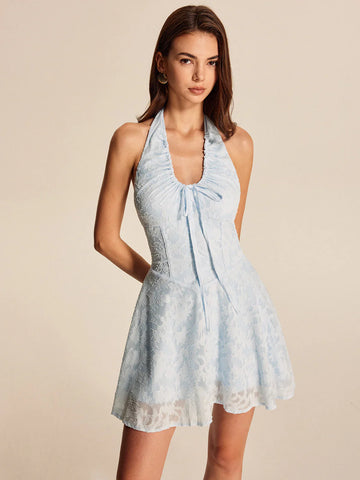Breezy Halter Papyon Düşük Bel Jakarlı Tatil Çiçekli Mini Elbisesi