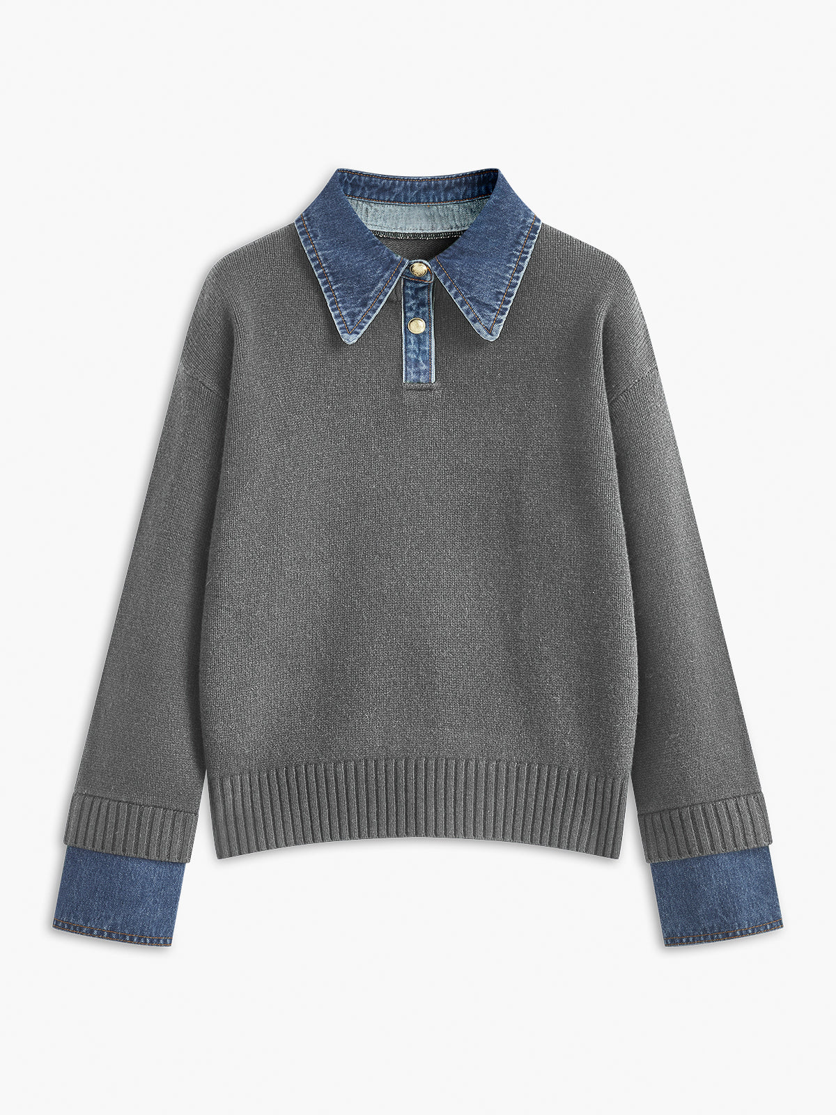 Denim Yaka Ve Manşet Detaylı Lacivert Triko Kazak