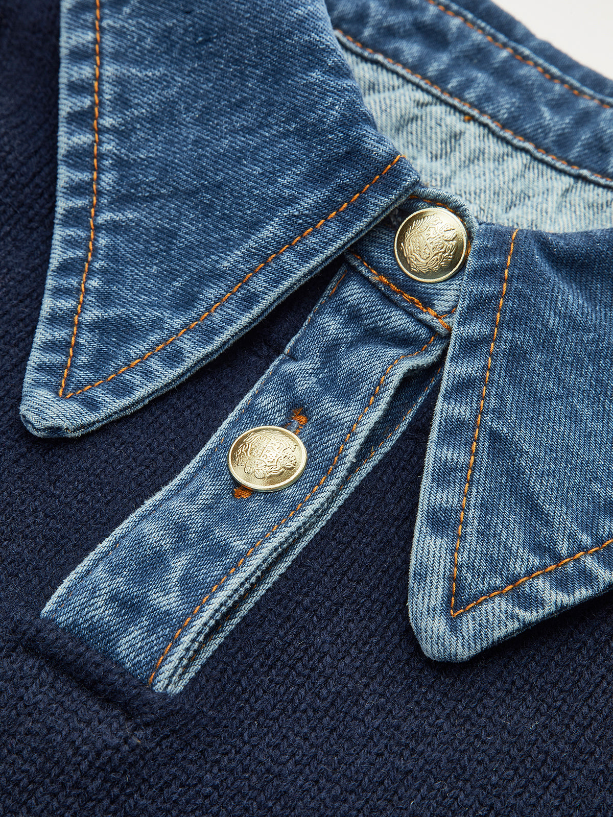 Denim Yaka Ve Manşet Detaylı Lacivert Triko Kazak