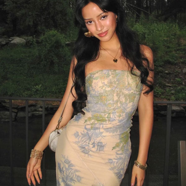 Lana Çiçekli Askısız Uzun Elbise