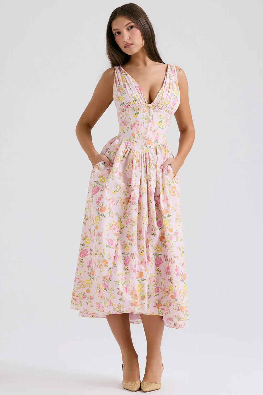 Ariana V Yaka Korseli Flare Midi Elbise