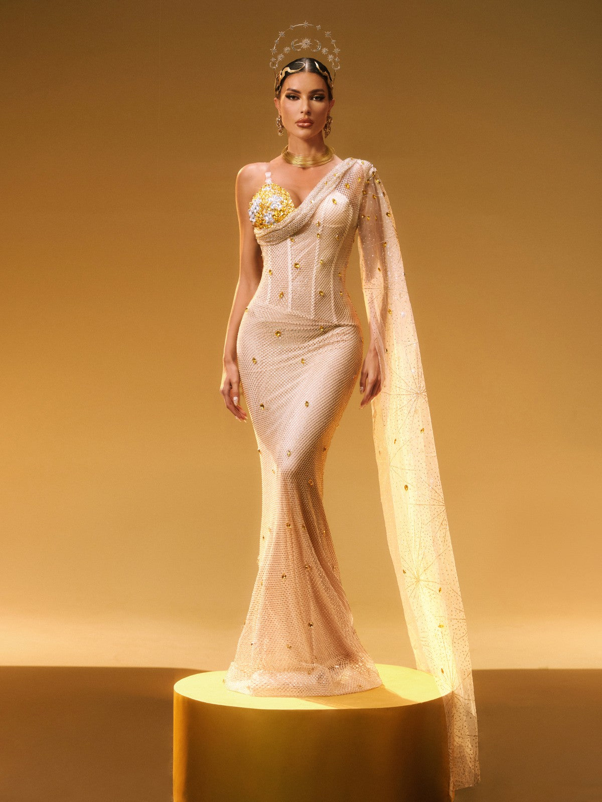rhinestone maxi dress self-portrait - Silver Drape Boasting a regal high neckline Gisele Halterneck Rhinestone Maxi Dress