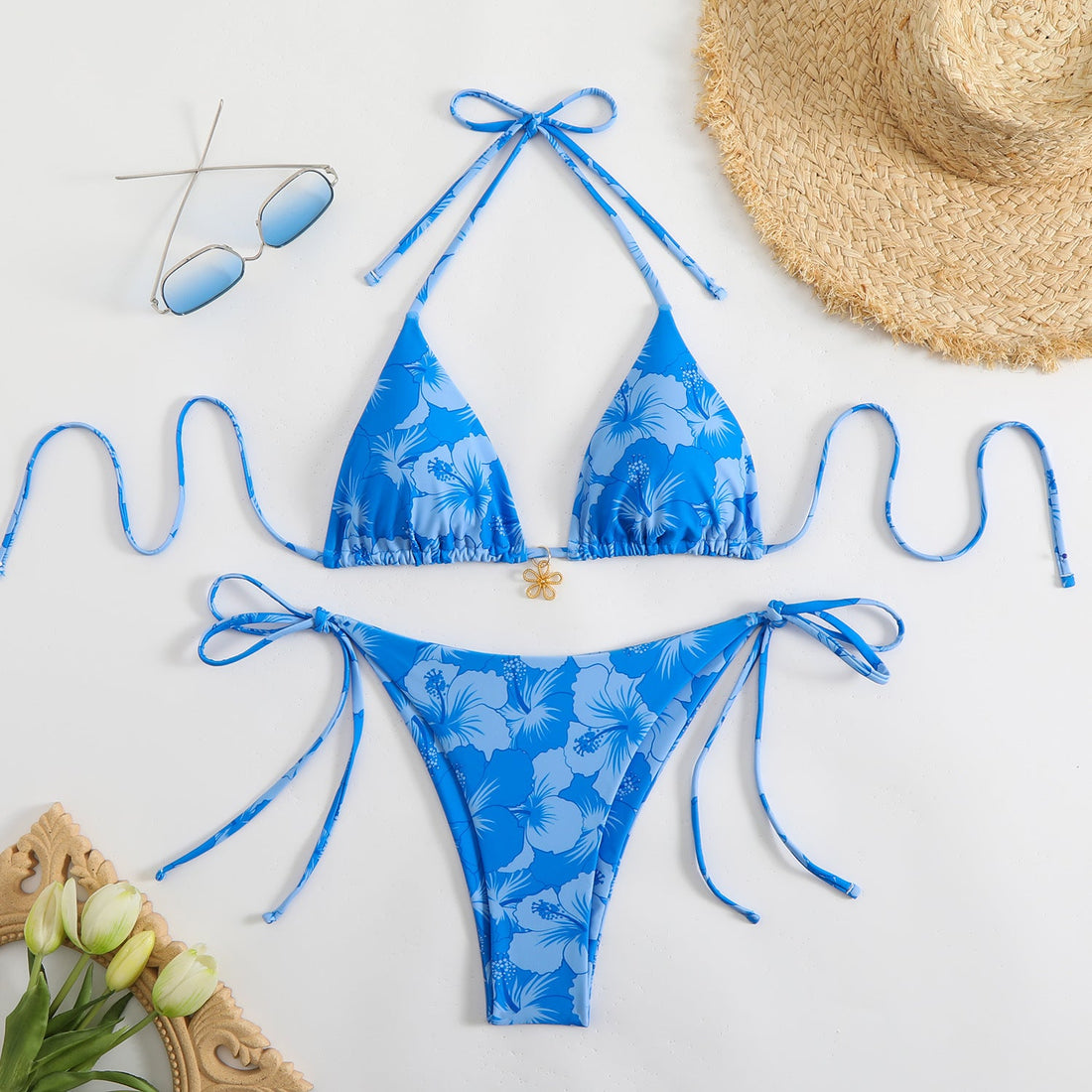 Çift Taraflı Baskılı Boyun Askılı Bikini Takımı