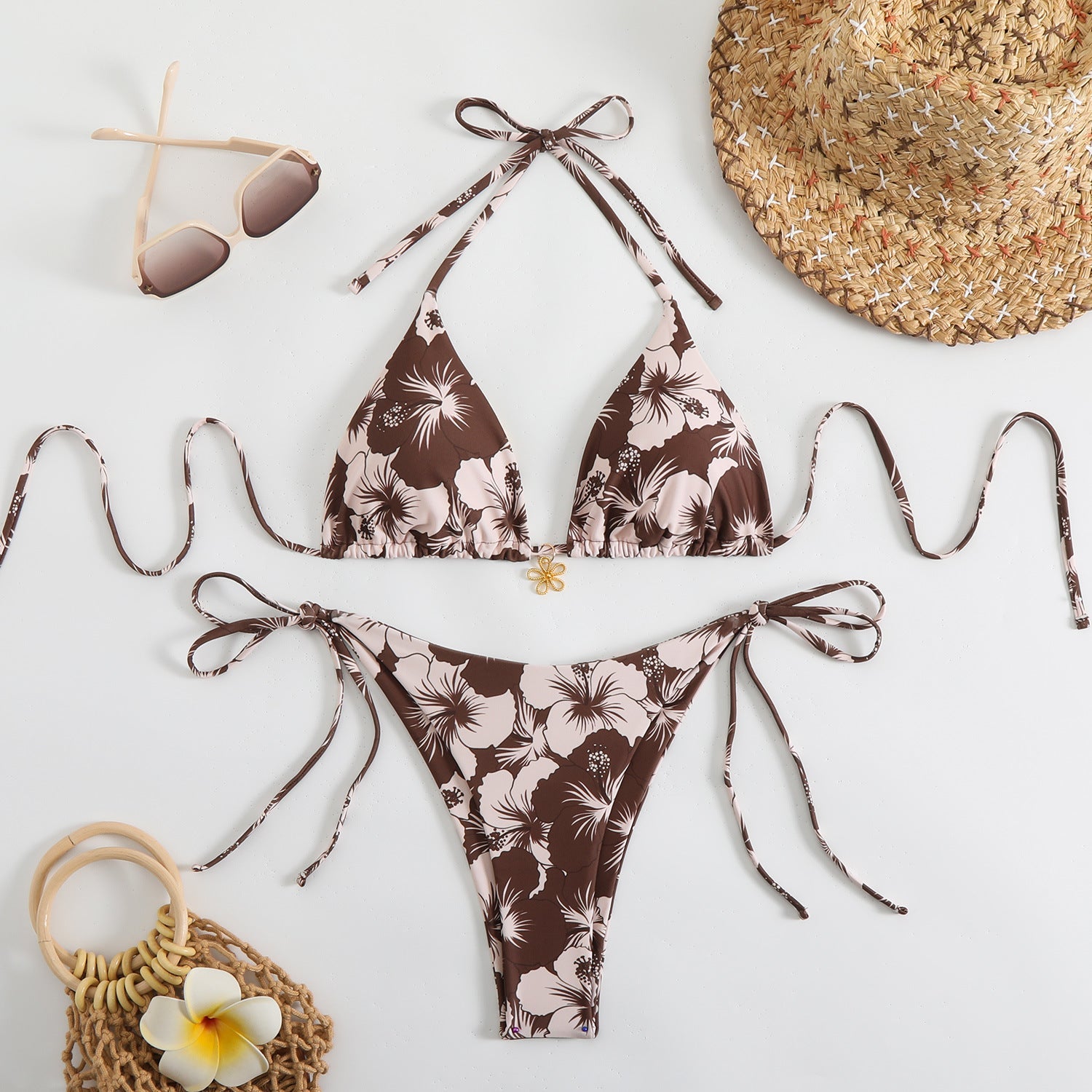 Çift Taraflı Baskılı Boyun Askılı Bikini Takımı