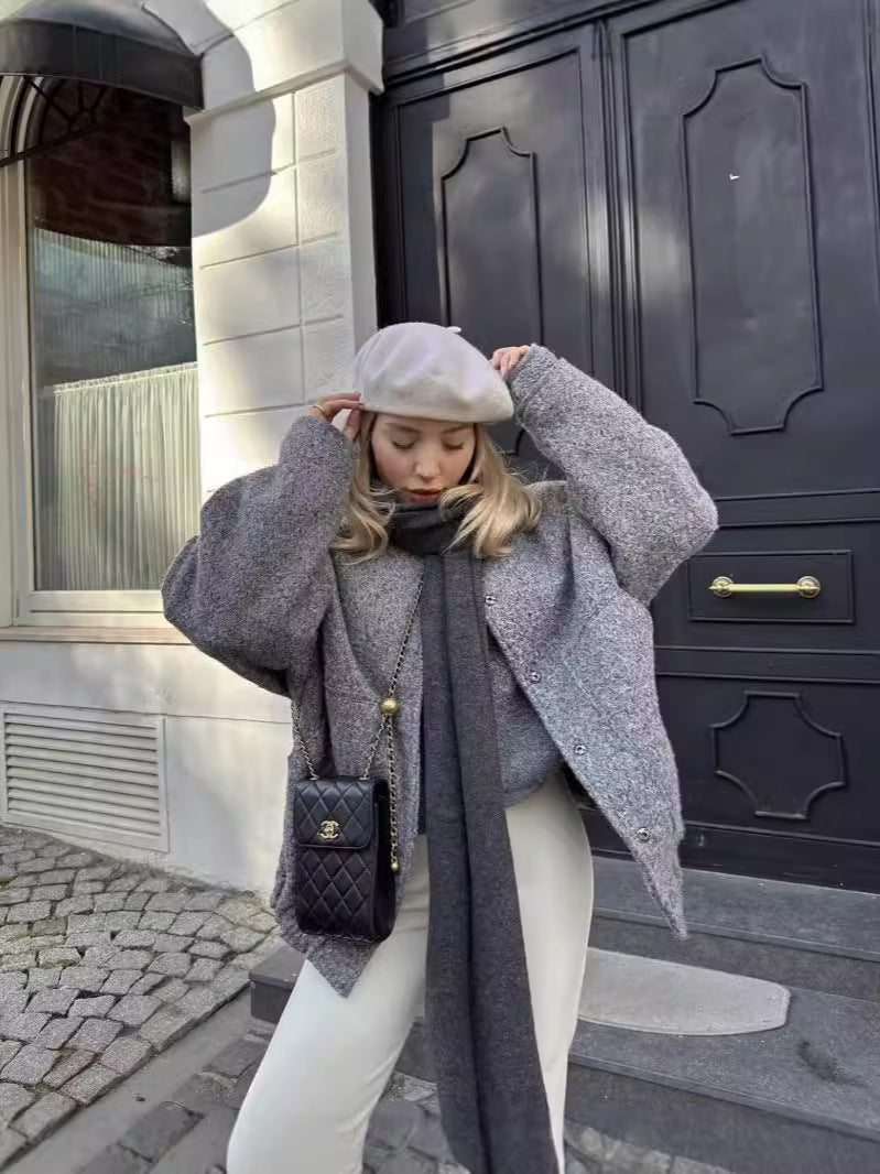 Oversize Gri Yün Görünümlü Ceket
