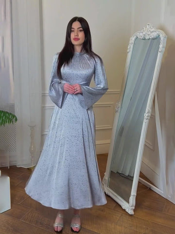 Alisora Sim Detaylı Uzun Elbise – Buz Mavisi 💙 & Karamel Kahve 🤎