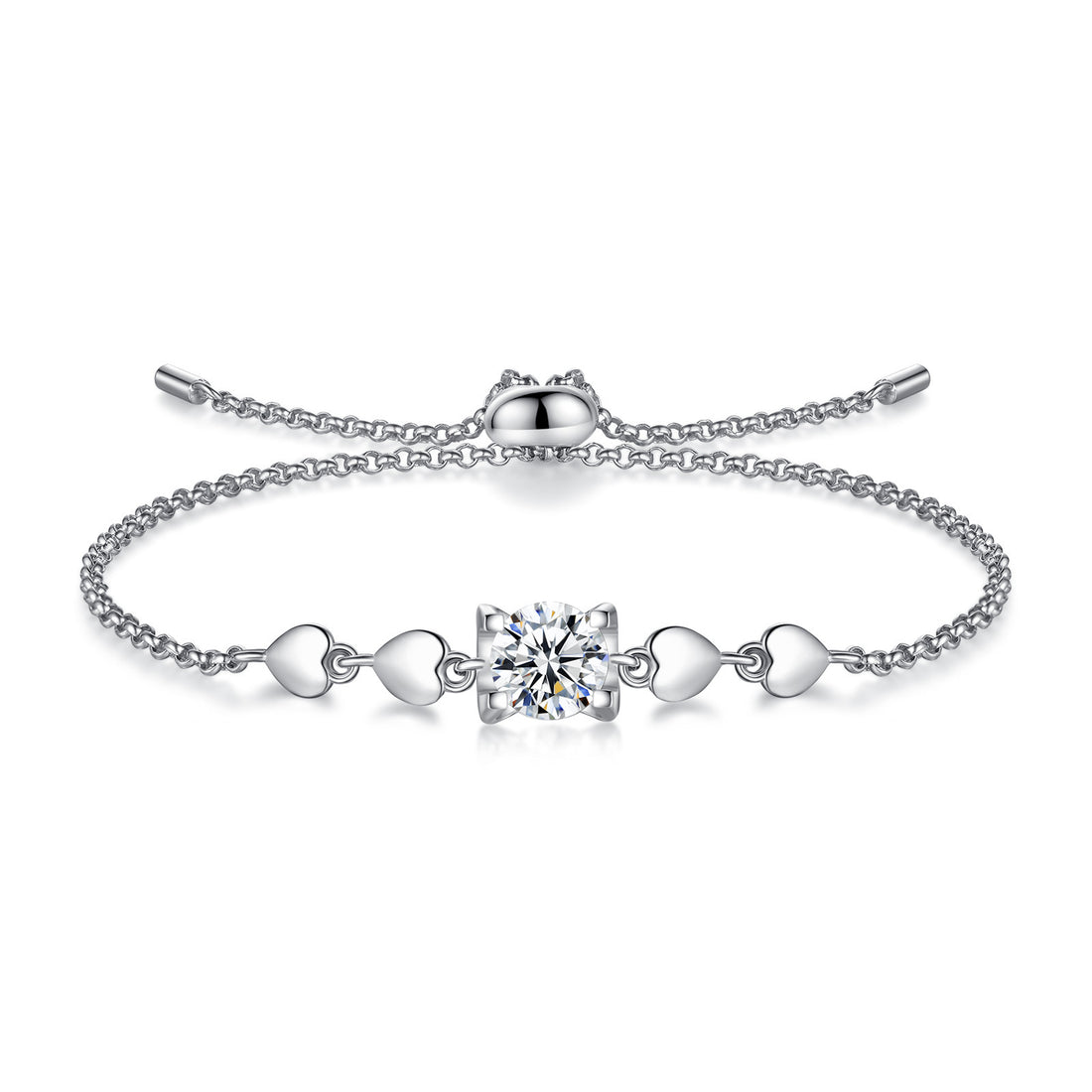 Kalp Detaylı Işıltılı Moissanite Taşlı Gümüş Bileklik