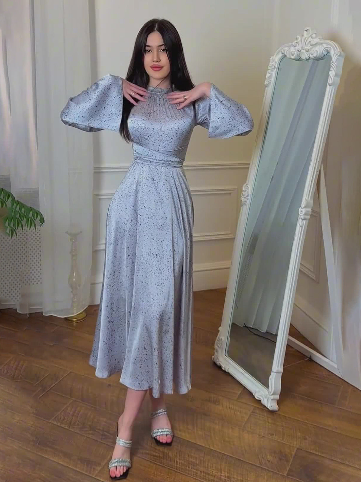 Alisora Sim Detaylı Uzun Elbise – Buz Mavisi 💙 & Karamel Kahve 🤎