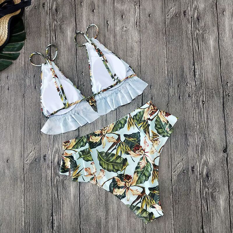 Yeşil Yapraklı Fırfırlı Bikini