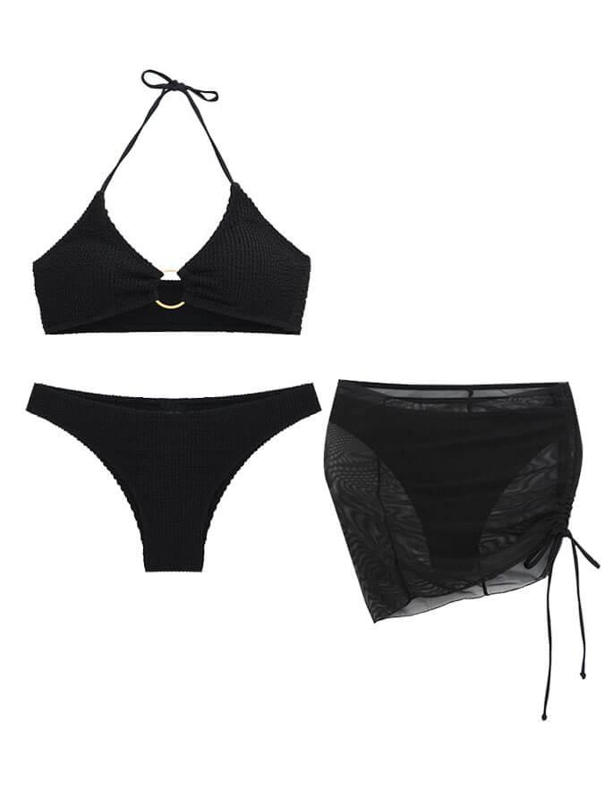 Düz Renk Seksi Halter Yaka Üç Parçalı Mayo Bikini