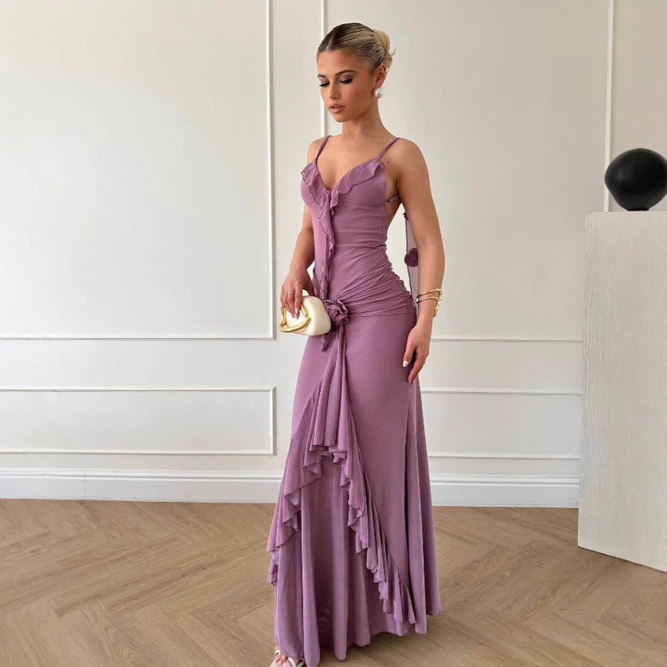 Alisora  Vintage Volanlı Çiçek Detaylı Elbise
