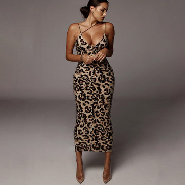 Leopar Desenli Dar Midi Elbise