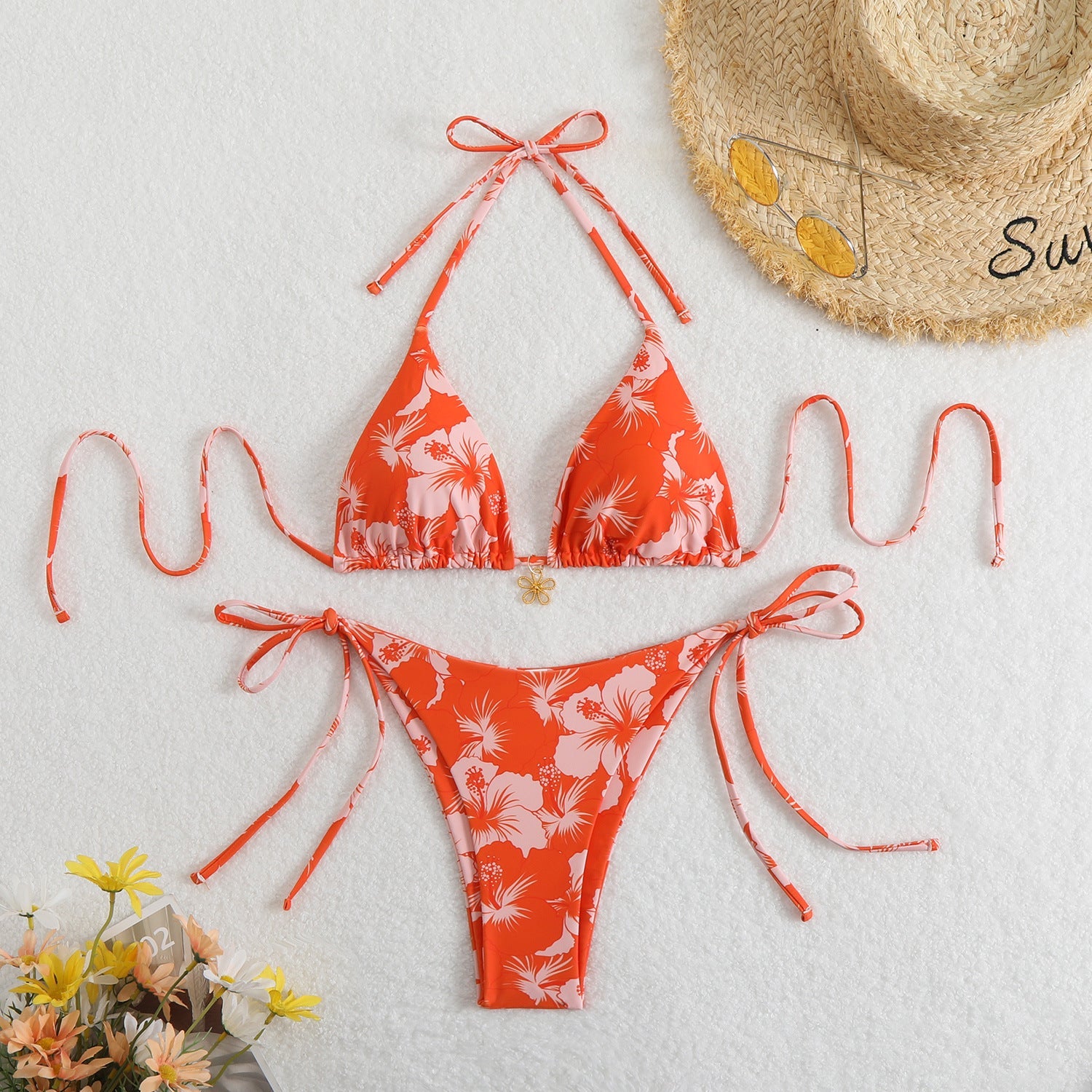 Çift Taraflı Baskılı Boyun Askılı Bikini Takımı
