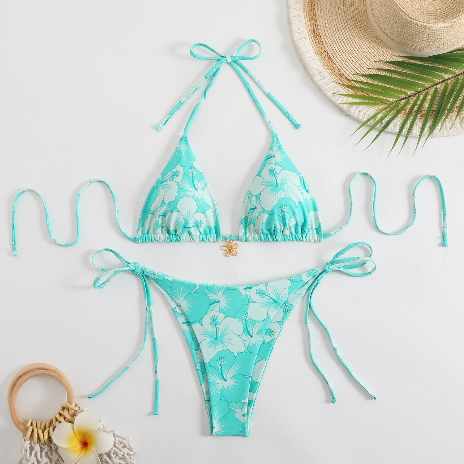 Çift Taraflı Baskılı Boyun Askılı Bikini Takımı